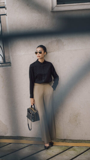 Quần ống suông cashmere lai V nâu rêu