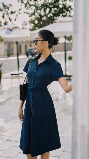 Đầm cotton stretch xanh đen