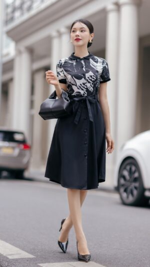 Đầm cotton phối họa tiết đen