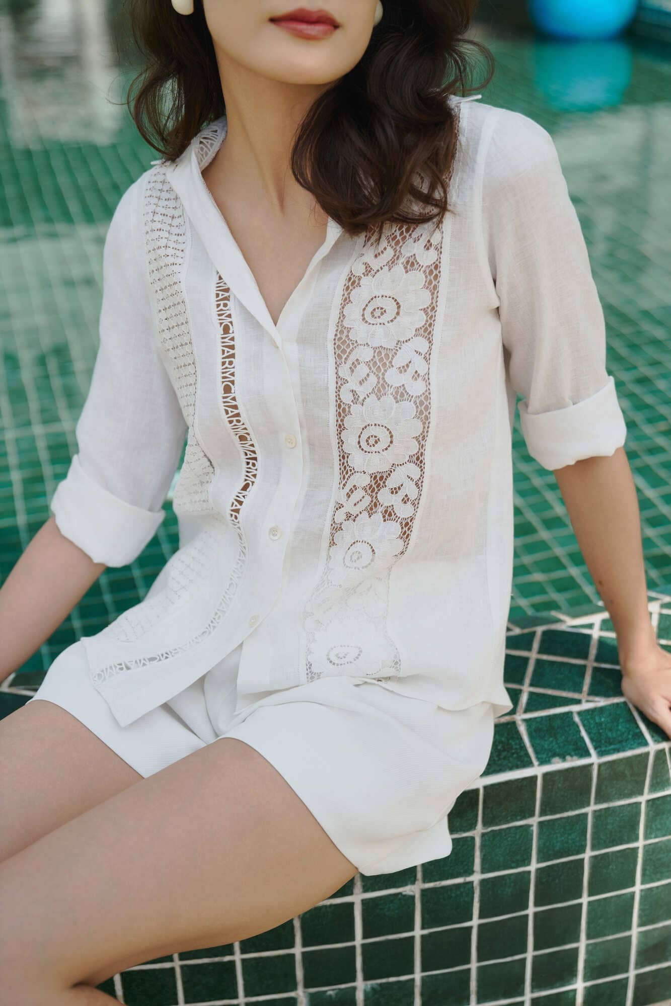 Quần short 2 li lưng thun sau linen bamboo trắng - Hình ảnh 11