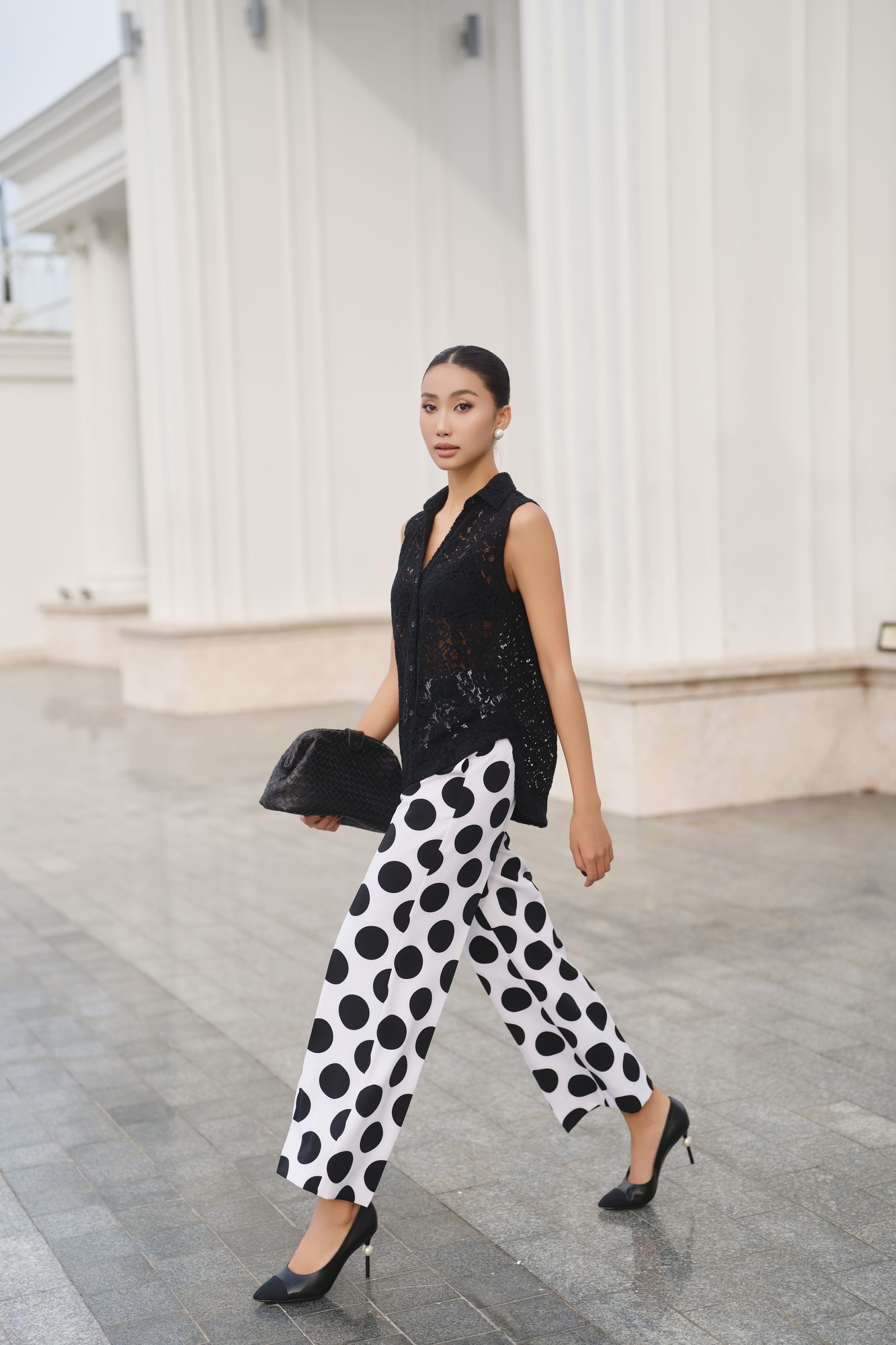 Quần ống suông cotton blend bi đen - Hình ảnh 3