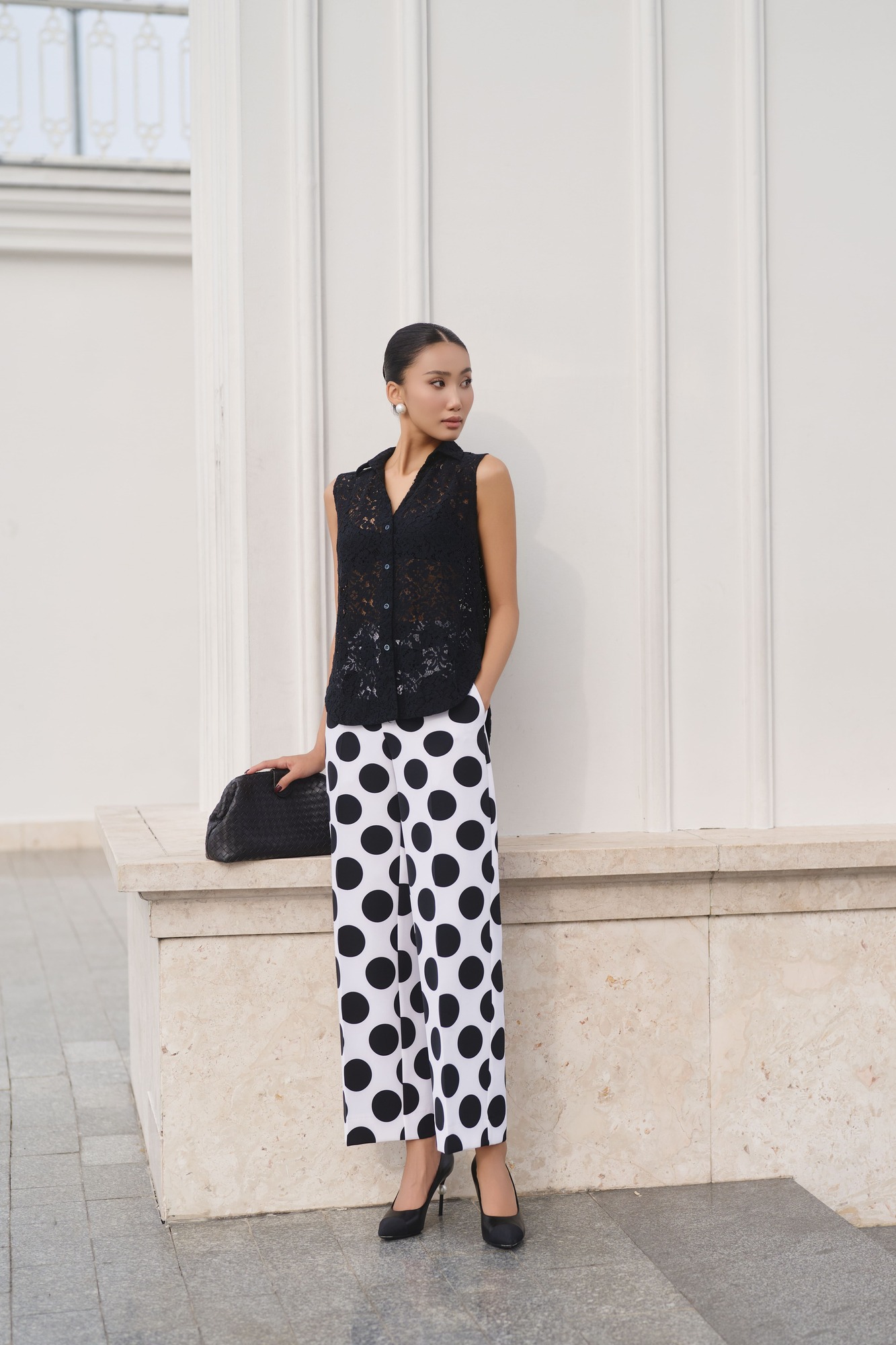 Quần ống suông cotton blend bi đen - Hình ảnh 5
