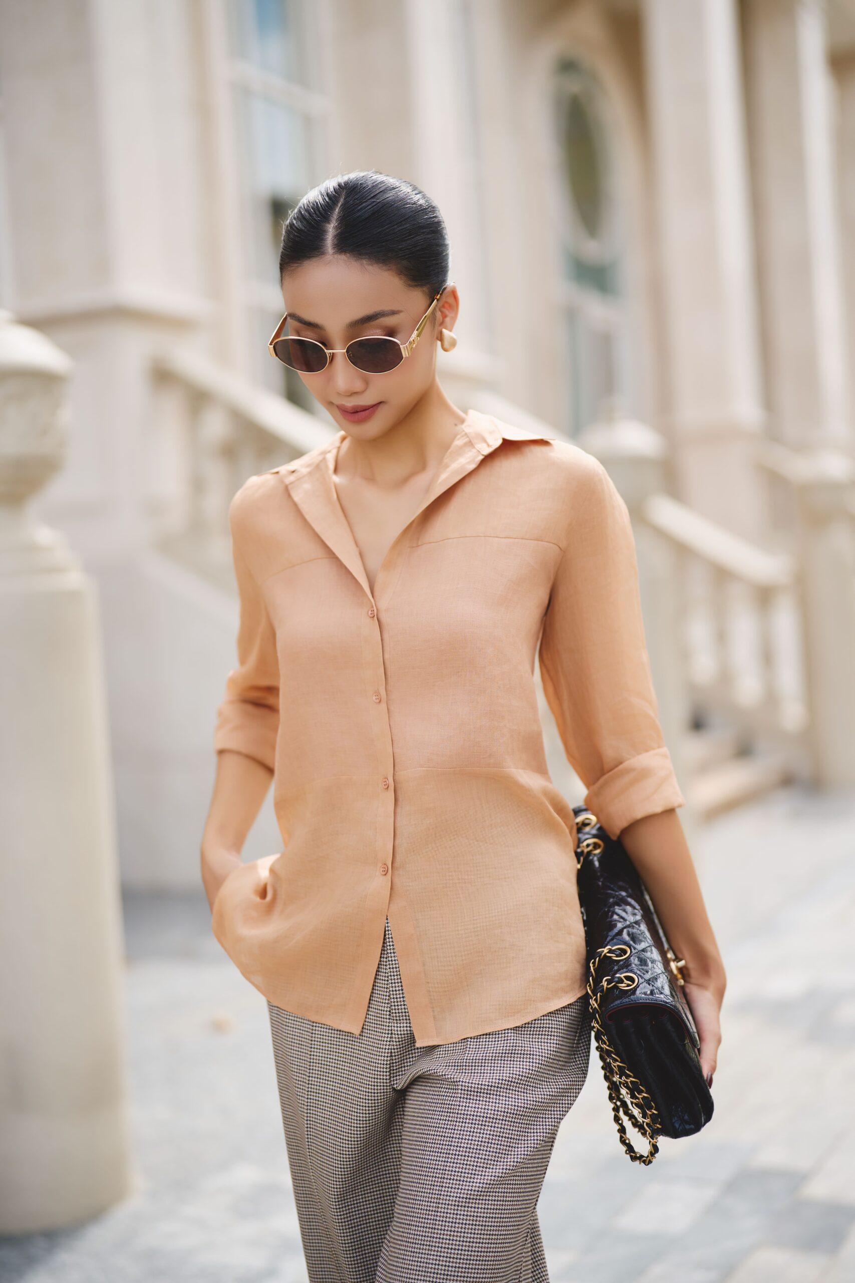 Quần ống suông cashmere lai caro nhỏ nâu kem - Hình ảnh 3