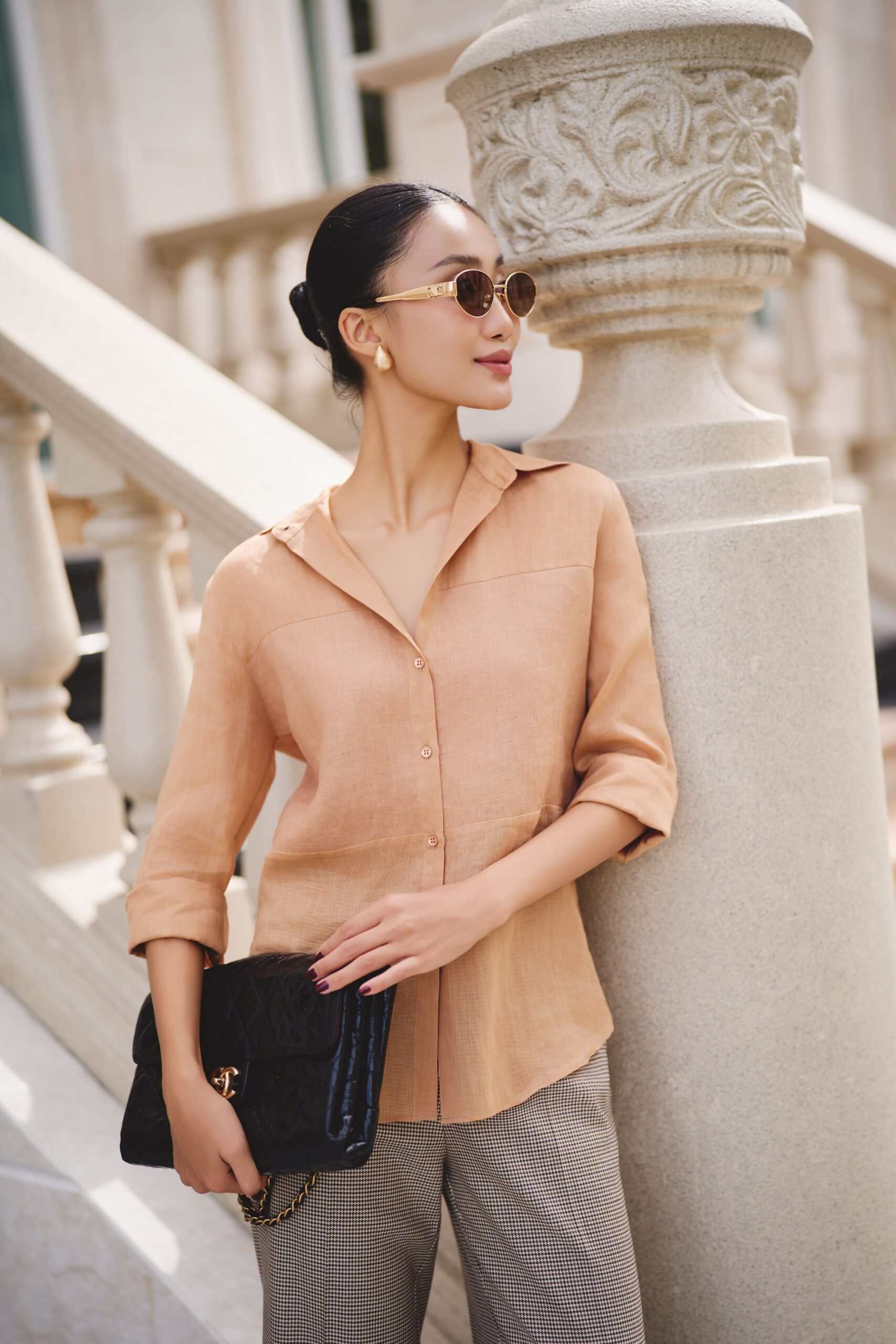 Quần ống suông cashmere lai caro nhỏ nâu kem - Hình ảnh 4