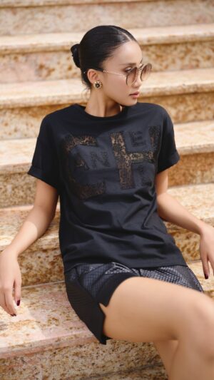 Áo thun phối ren chữ cổ tròn cotton thun