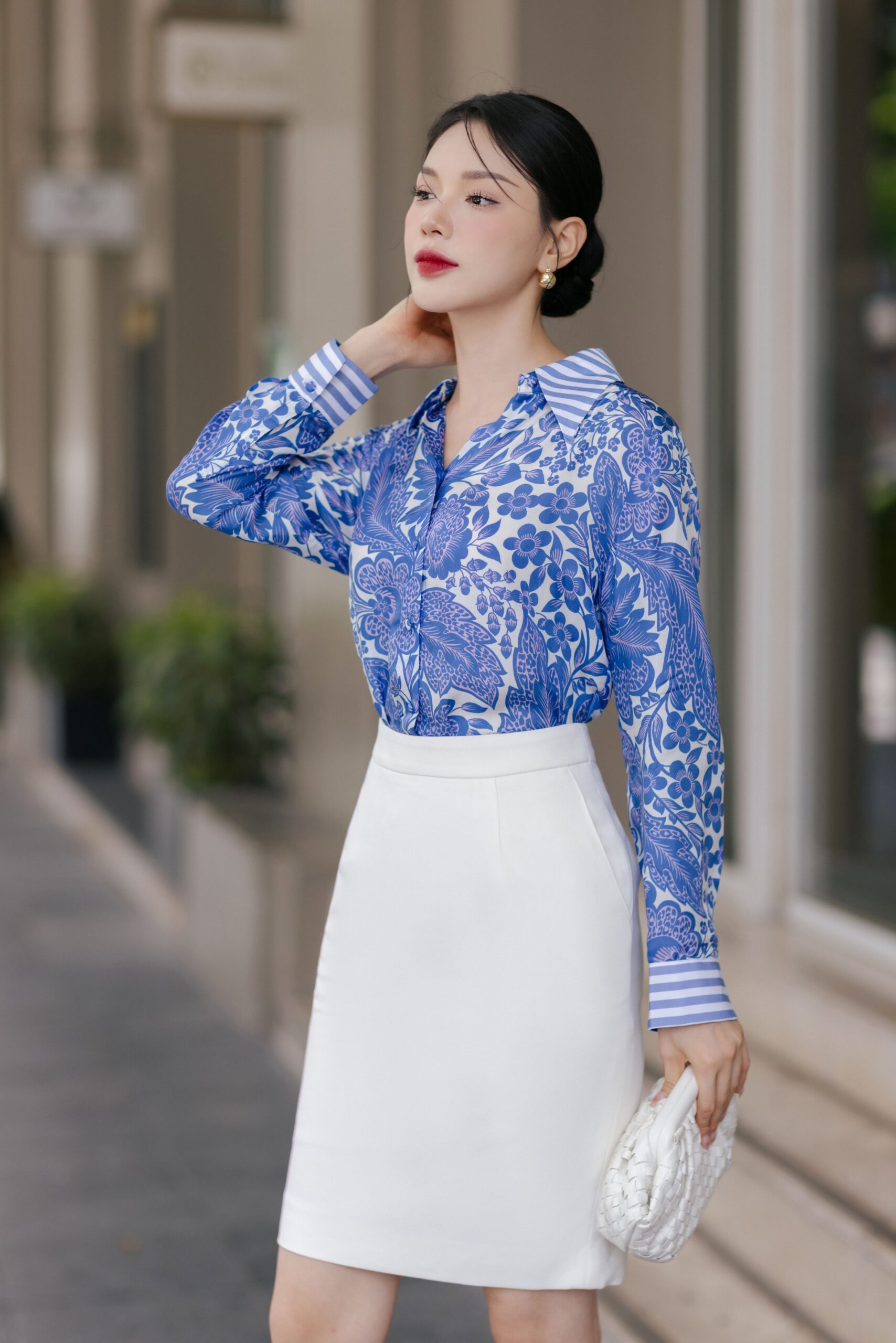 Áo somi phối sọc viền cô+ tay silk cao câp xanh tím - Hình ảnh 3