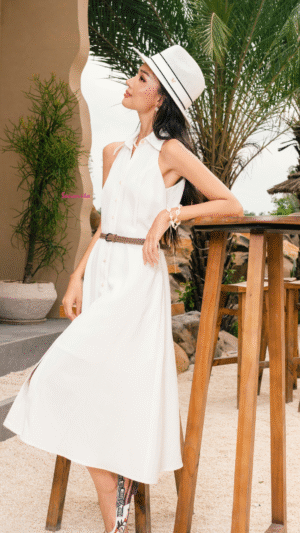 Đầm somi dài cố yếm linen bamboo trắng