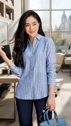 Áo sơmi linen sọc xanh