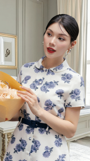 Đầm cotton chambray hoa xanh