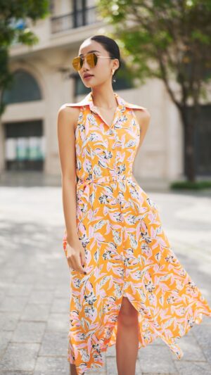 Đầm somi dài cố yếm silk họa tiết cam
