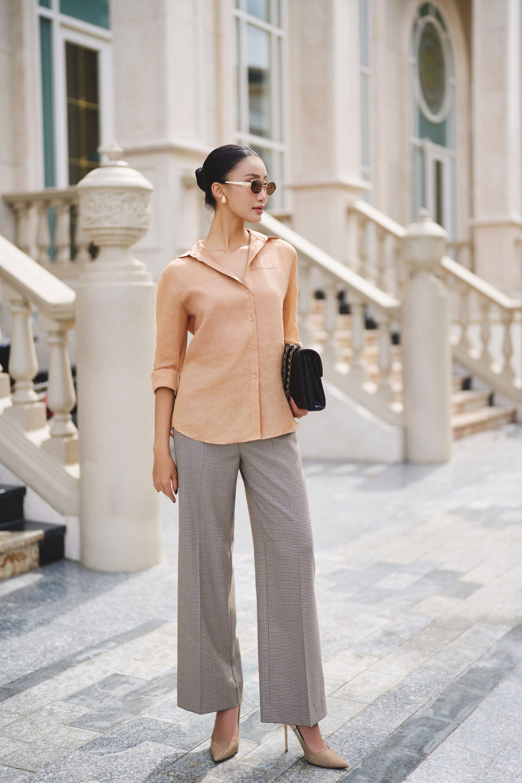 Quần ống suông cashmere lai caro nhỏ nâu kem