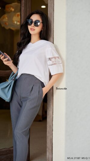 Quần tây xếp ly sọc xám