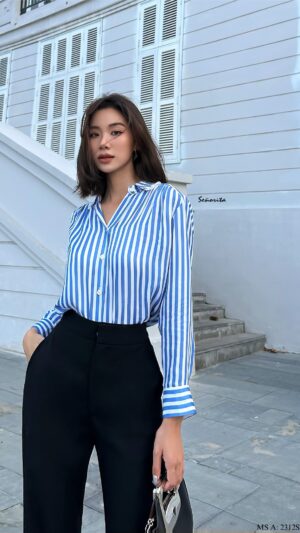 Áo sơmi sọc cổ sen bèo