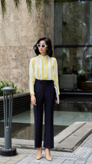 Quần ống đứng có nút cotton blend xanh đen