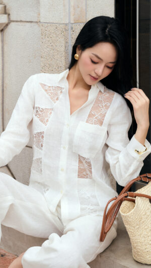 Áo sơmi phối ren họa tiết linen trắng