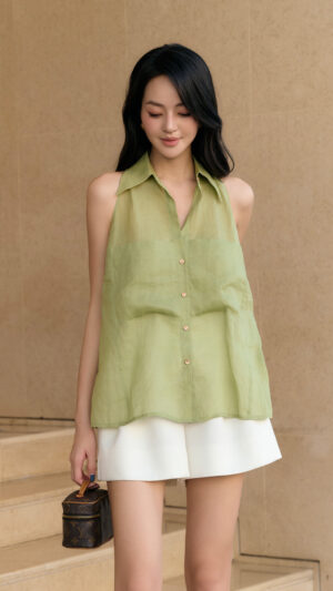 Áo yếm cổ sơmi linen xanh