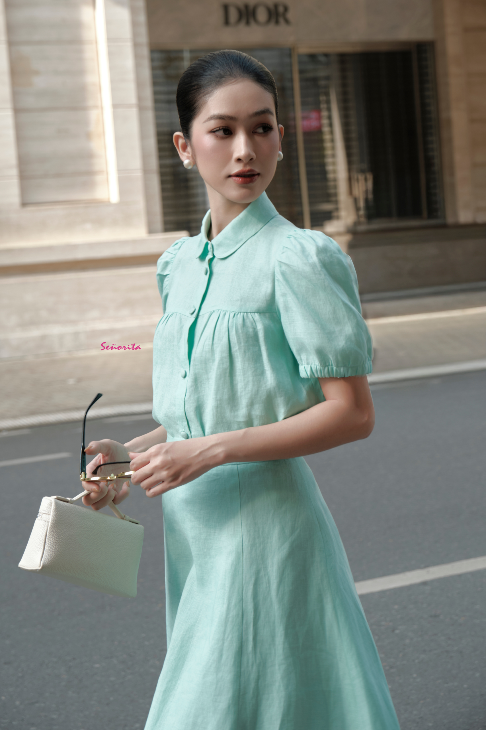 Áo cổ sen tay ngắn xanh min - Hình ảnh 2