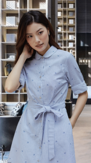 Đầm cổ sen sọc xanh
