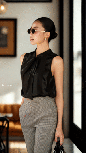 Áo kiểu dây nơ đen