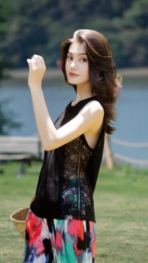 Áo thun dệt kim phối ren đen