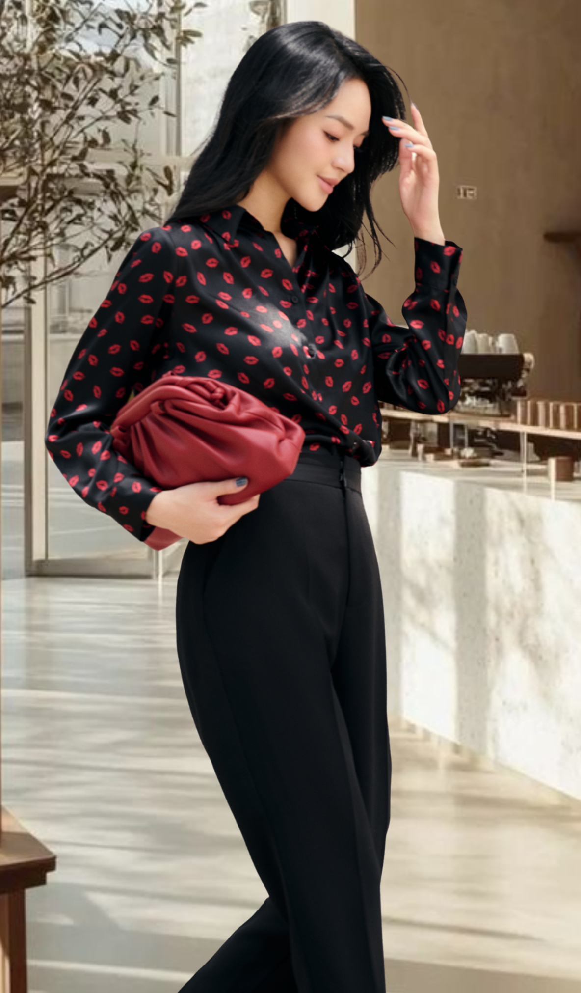 Áo sơmi silk Korea họa tiết môi - Hình ảnh 2