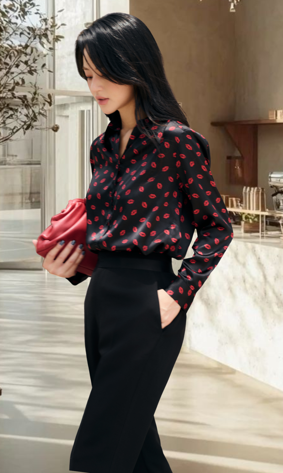 Áo sơmi silk Korea họa tiết môi - Hình ảnh 3