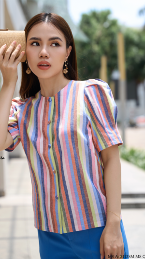 Áo tay phồng cổ tròn sọc màu