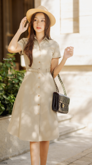 Đầm cổ sơmi màu be