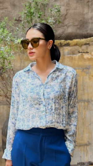 Áo sơmi cổ sen hoa xanh