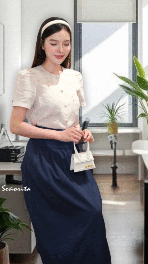 Áo cổ tròn tay phồng linen xám