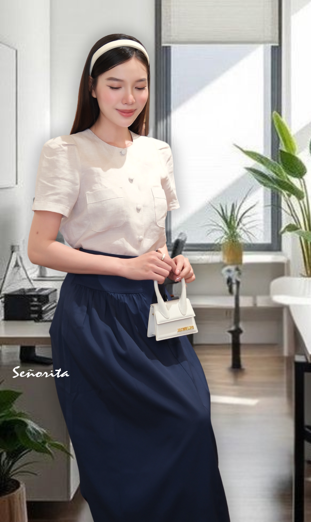 Áo cổ tròn tay phồng linen xám