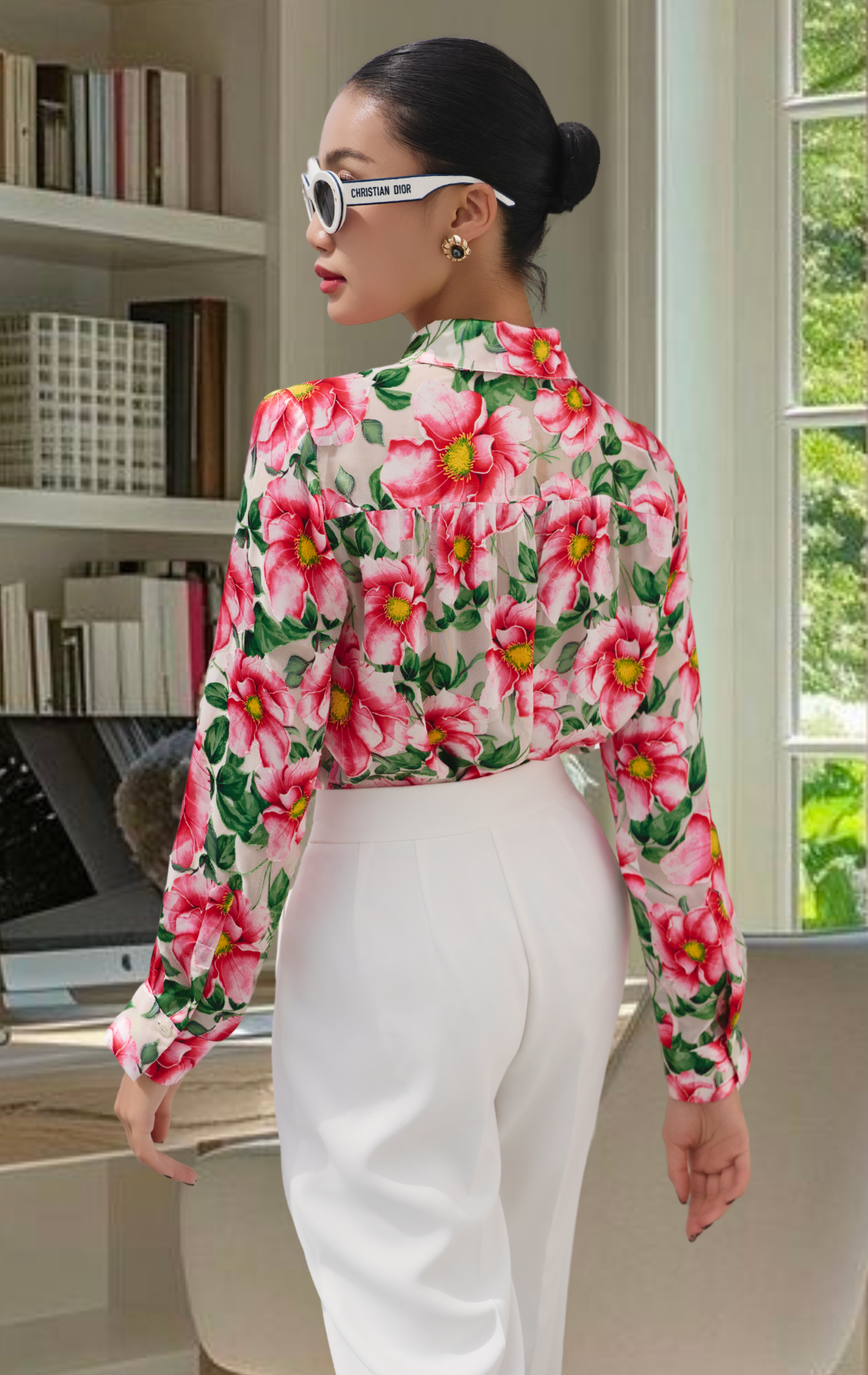 Áo sơmi tơ tằm hoa đỏ - Hình ảnh 3