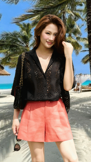 Áo sơmi cotton thêu đen