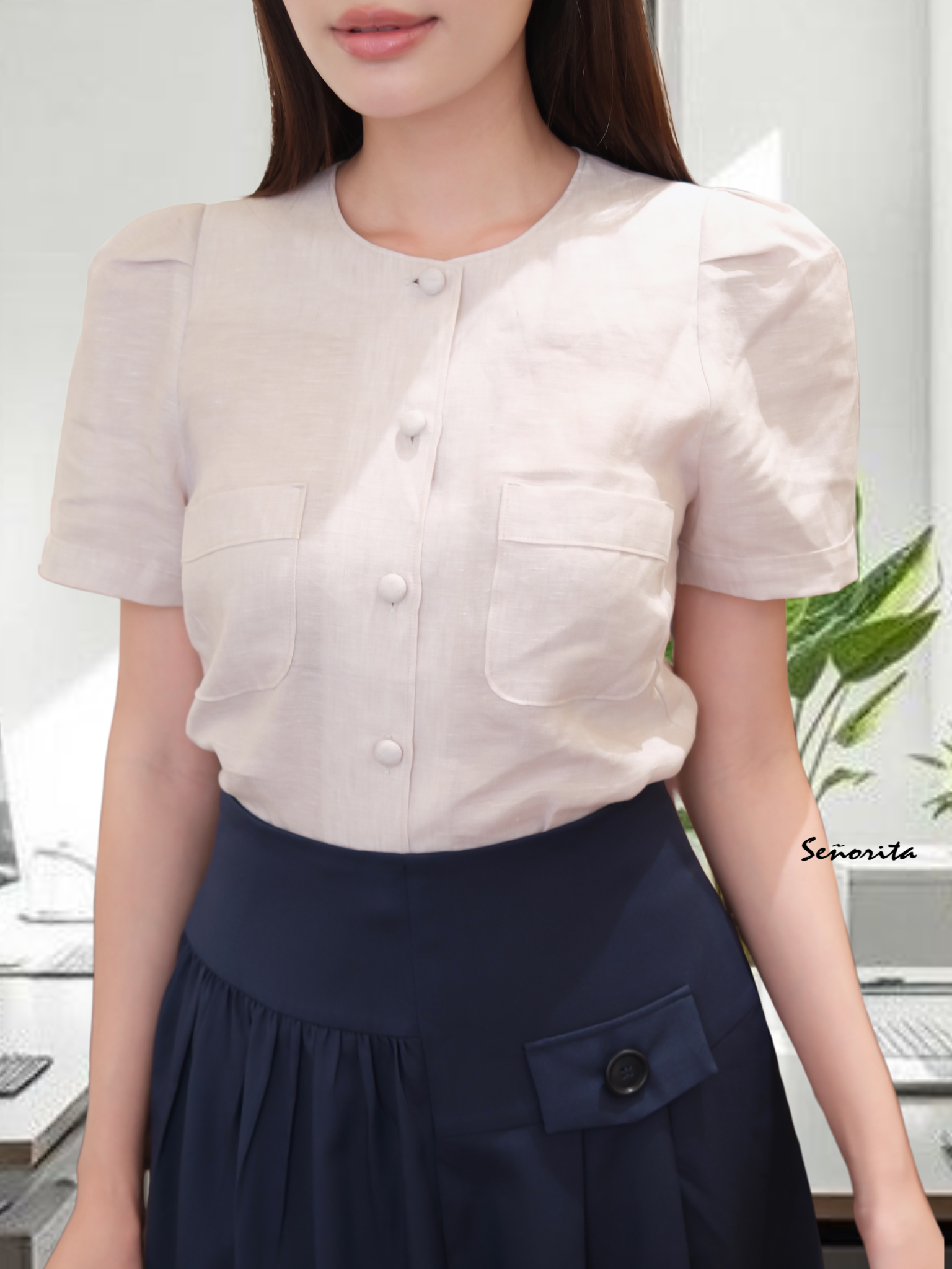 Áo cổ tròn tay phồng linen xám - Hình ảnh 3