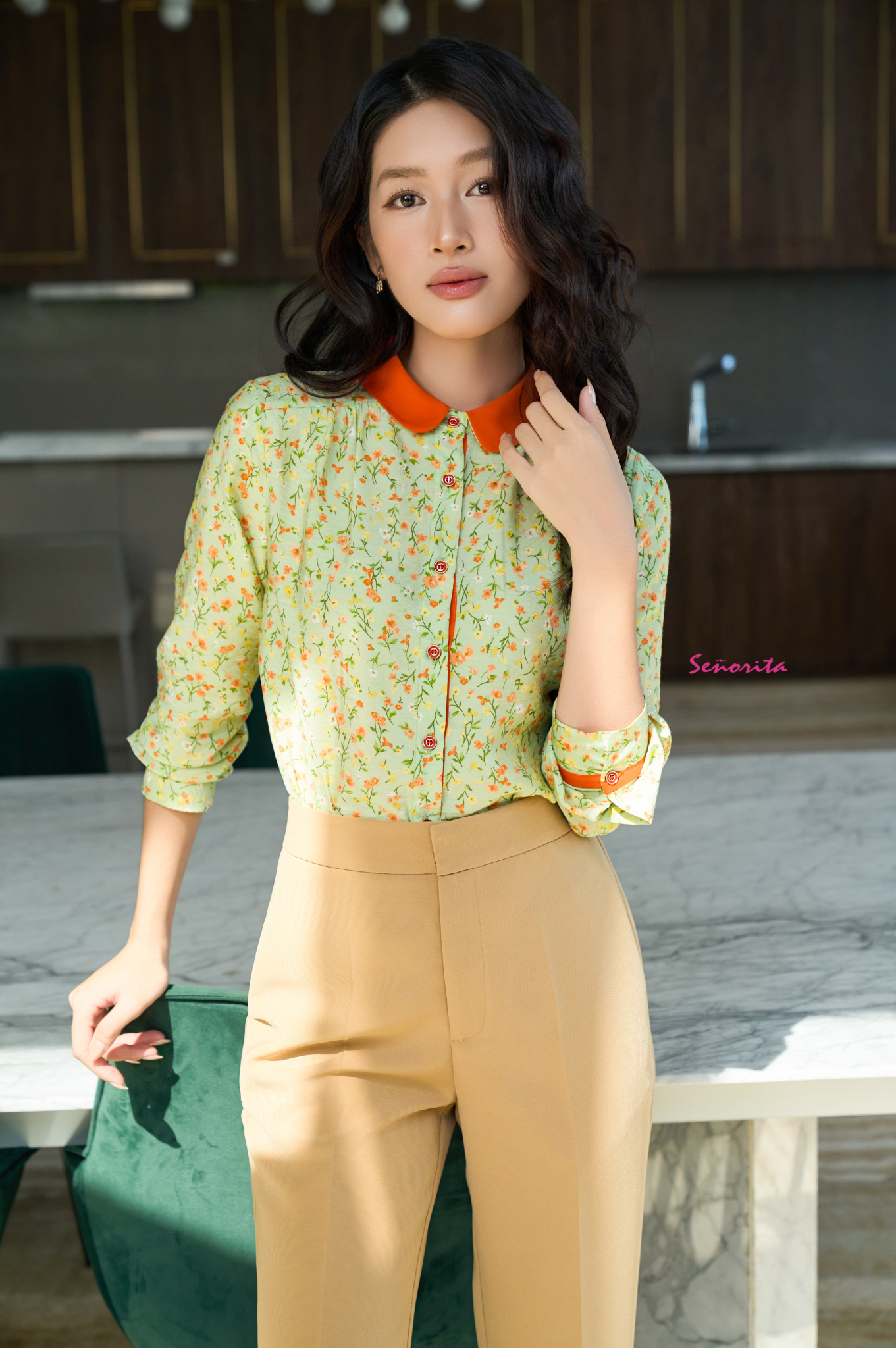 Quần ống đứng cotton blend nâu vàng - Hình ảnh 8