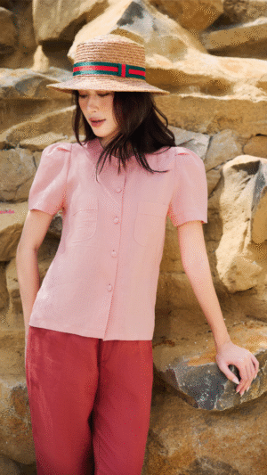 Áo cổ tròn tay phồng linen hồng