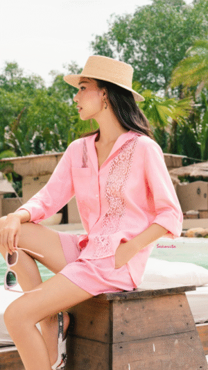 Áo sơmi linen phối ren hồng