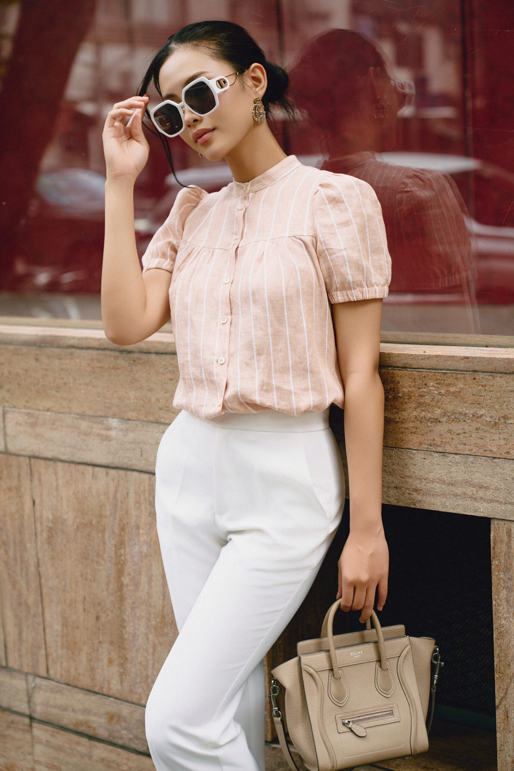 Áo kiểu cổ tàu sọc trắng
