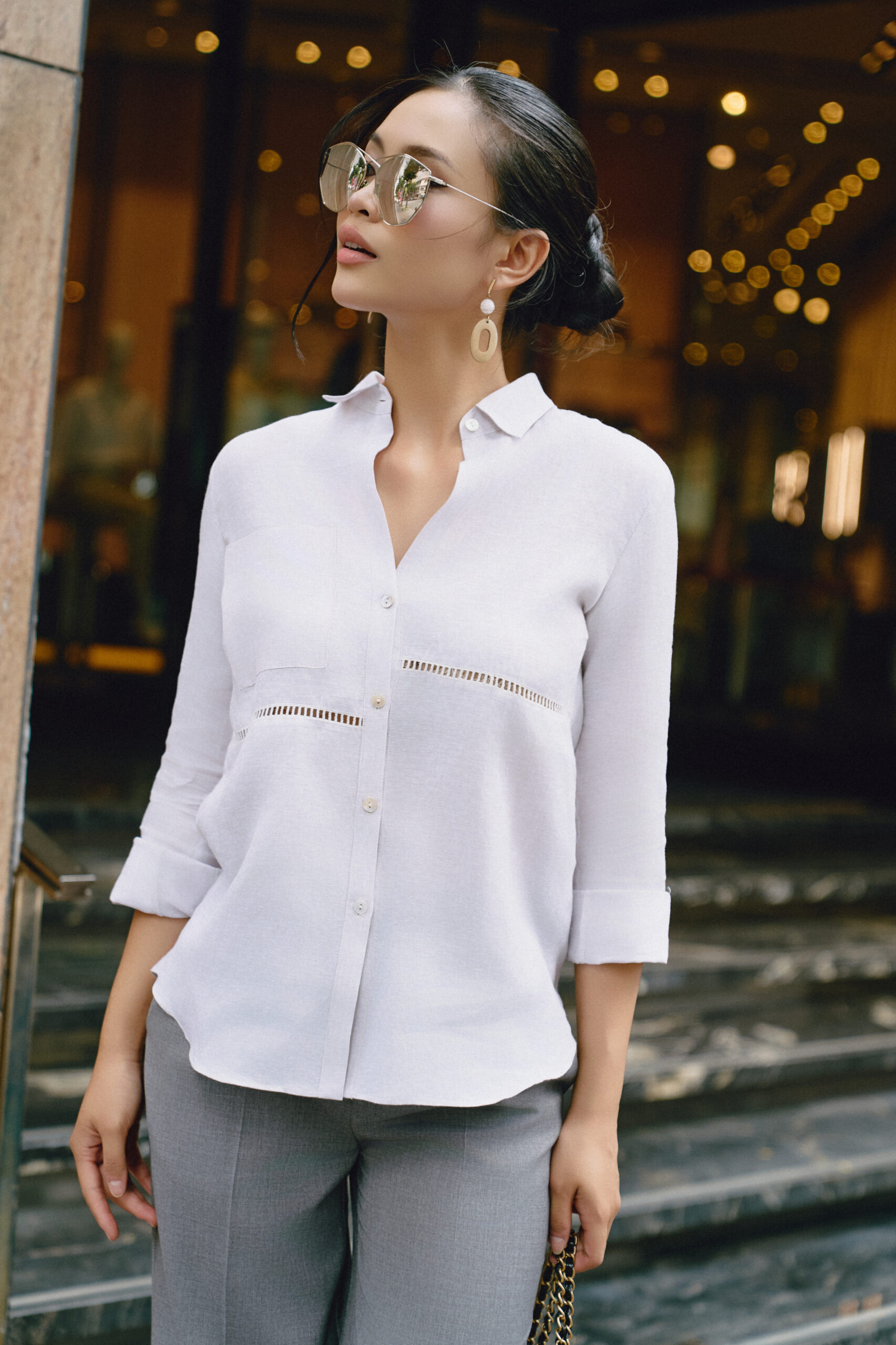 Áo linen phối ren xám - Hình ảnh 4