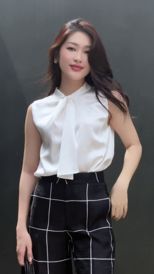 Áo kiểu dây nơ trắng