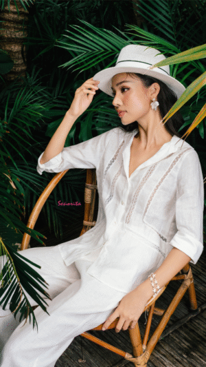 Áo sơmi linen phối ren trắng