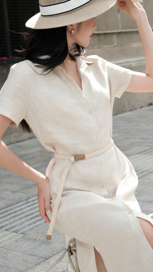 Đầm sơmi linen kem