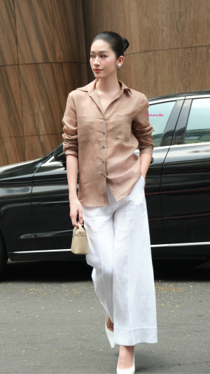 Quần ống suông lai V linen trắng
