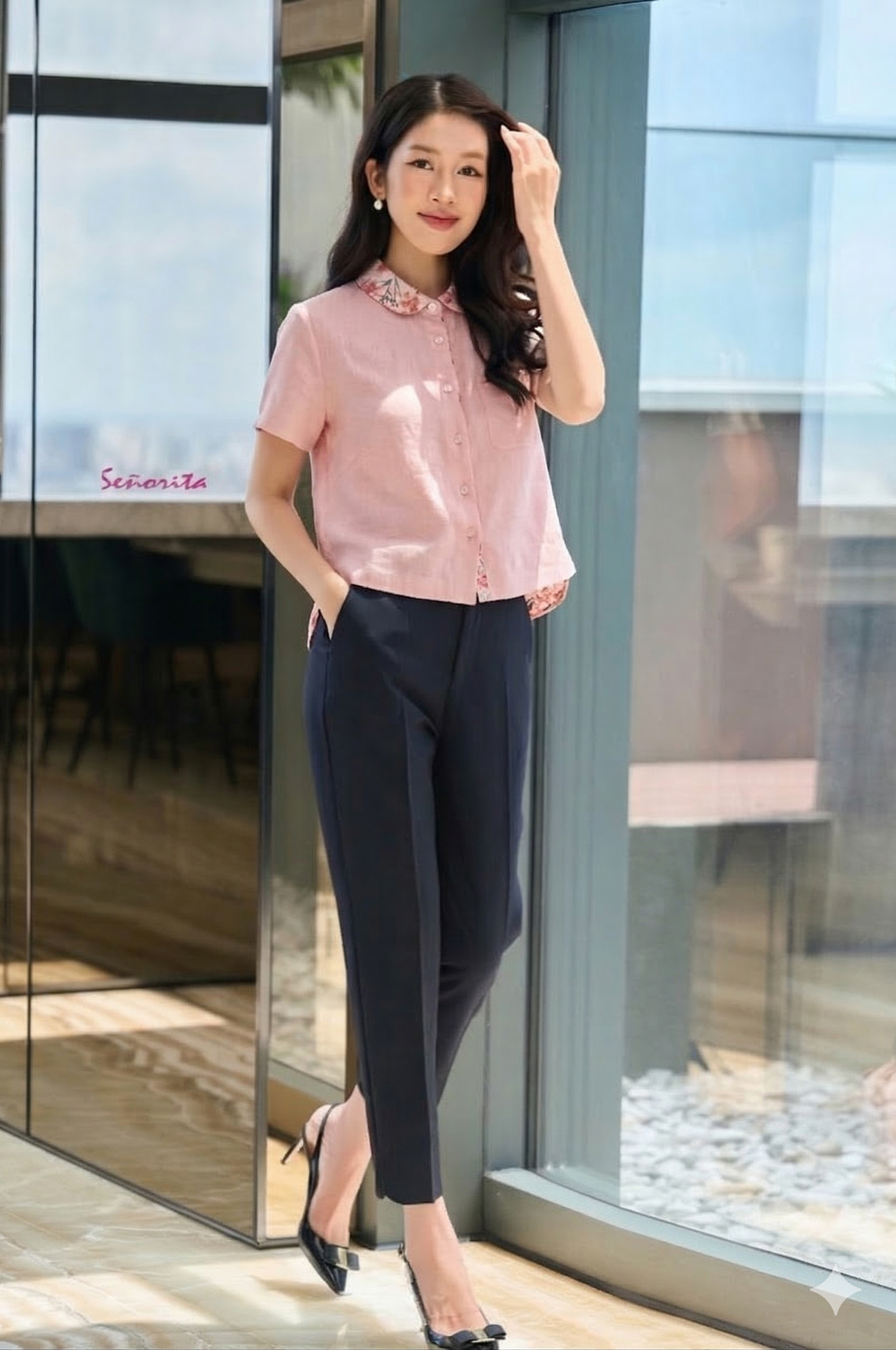 Áo cổ sen tay ngắn phối hoa - Hình ảnh 2