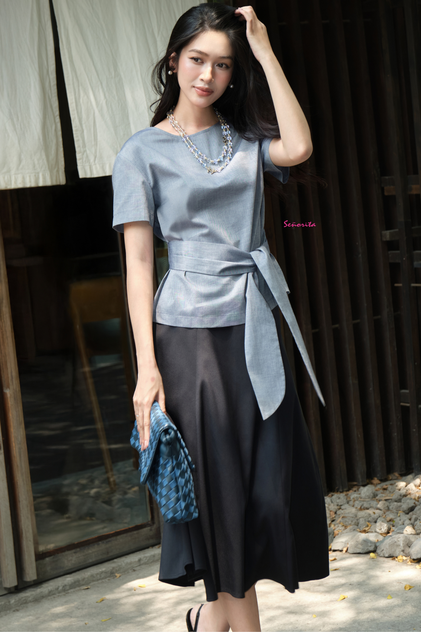 Áo kiểu tay ngắn cột nơ eo - Hình ảnh 2