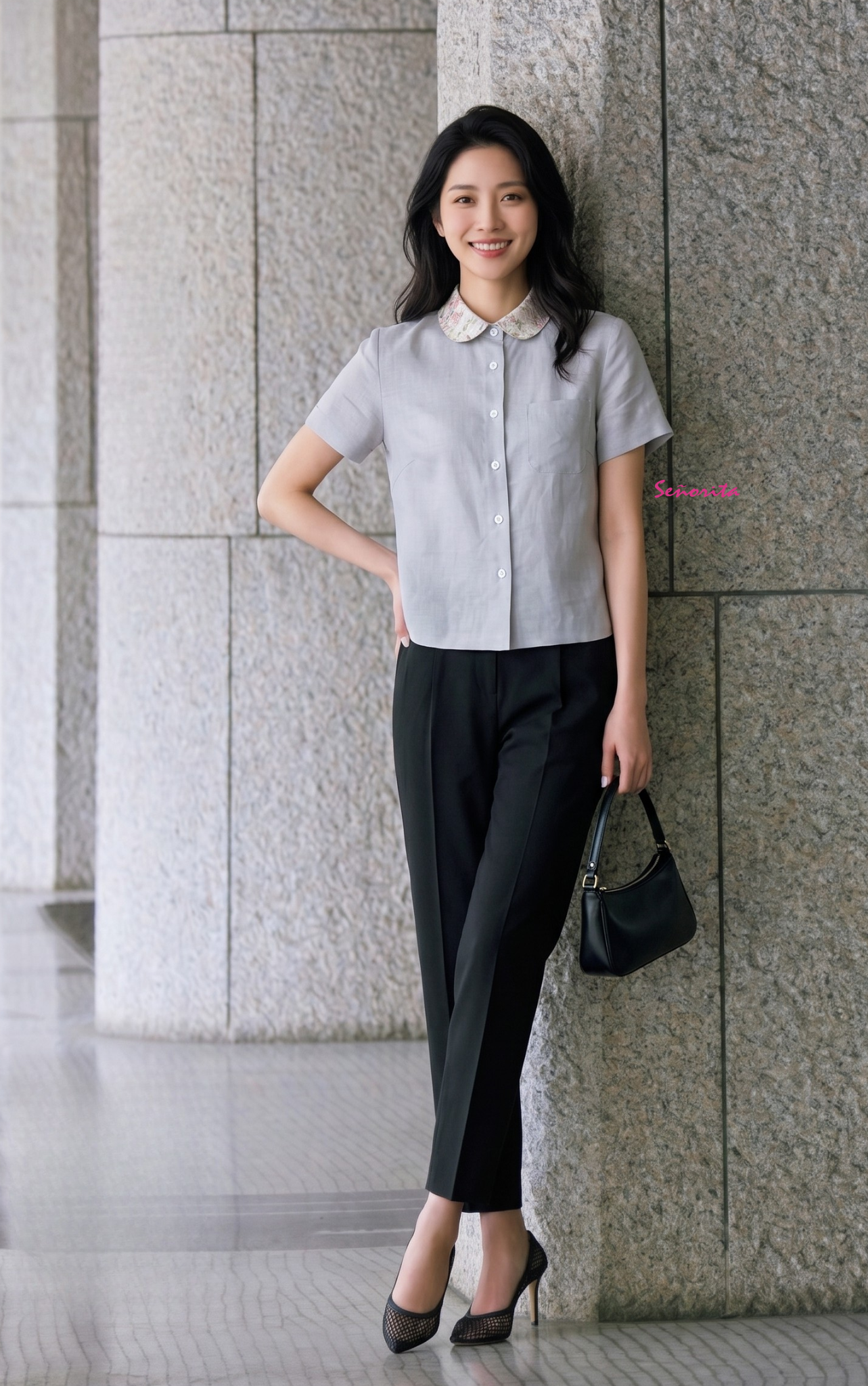 Áo cổ sen tay ngắn phối hoa