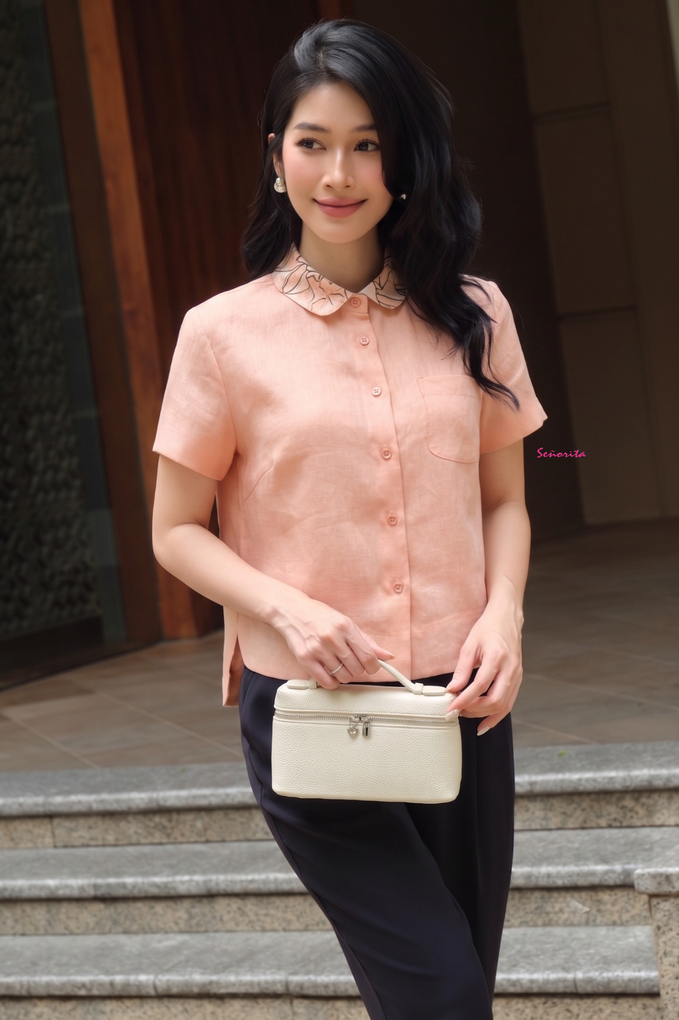 Áo cổ sen tay ngắn phối hoa - Hình ảnh 3