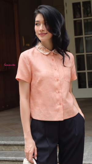 Áo cổ sen tay ngắn phối hoa