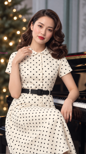 Đầm cotton stretch chấm bi kem